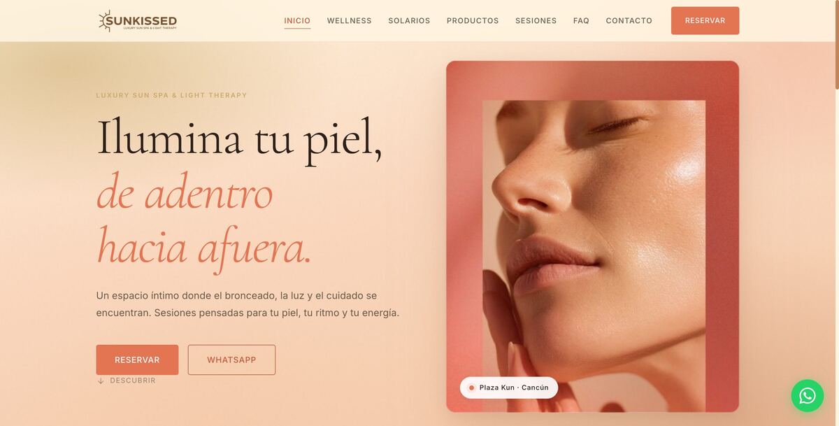 Captura del sitio web de Sunkissed Cancún, Salón de belleza en Cancún